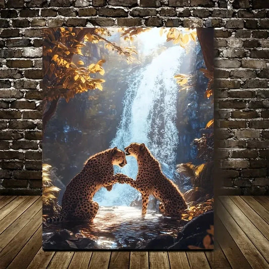 Cyberpunk Cheetahs Playful Scene Painting 40x60cm Metal Print Ready to Hang