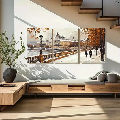 3pcs Snowy Cityscape with River & Autumn Leaves Wall Art Set Canvas Framed 40x60cm - High Quality Print 100% Australian Made Wall Canvas Ready to Hang