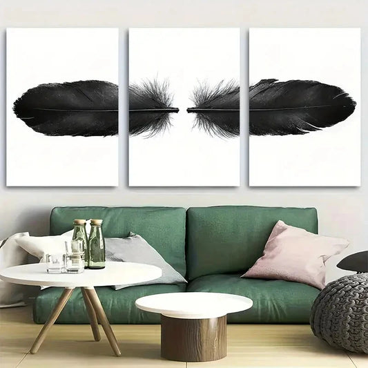 3pcs Black Feather Boho Minimalist Design Metal Print Ready to Hang Art