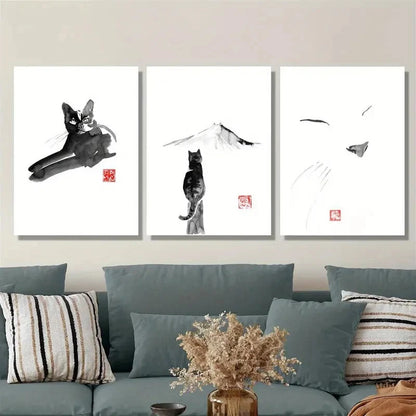 3pcs Cat watercolor art, black cat decorative Metal Print Ready to Hang Art