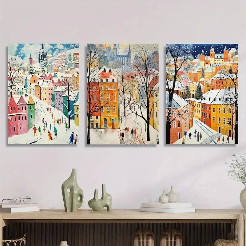 3pcs ,Winter snow scene, urban art, trees, Metal Print Ready to Hang Art