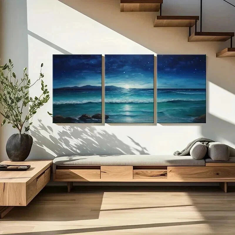 3pcs Natural Sea View At Night Starry Sky Wall Art Set Canvas Framed 40x60cm - High Quality Print 100% Australian Made Wall Canvas Ready to Hang