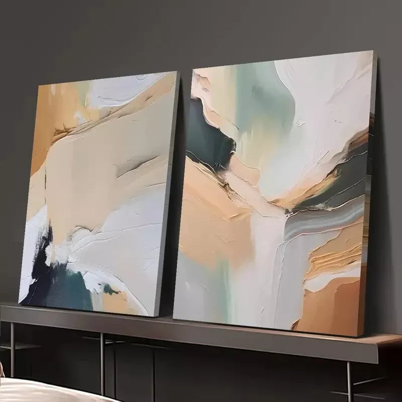 2pcs Decorative, Beige Green Modern Abstract Oil Painting Canvas Framed 50x75cm - High Quality Print 100% Australian Made Wall Canvas Ready to Hang