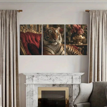 3pcs Elegant Tiger Luxury Sofa Ornate Metal Print Ready to Hang Art