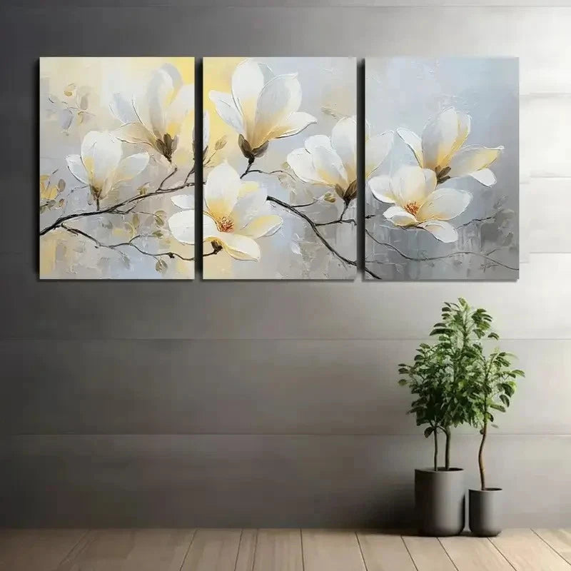 3pcs White Magnolia Flower Poster Painting Metal Print Ready to Hang Art