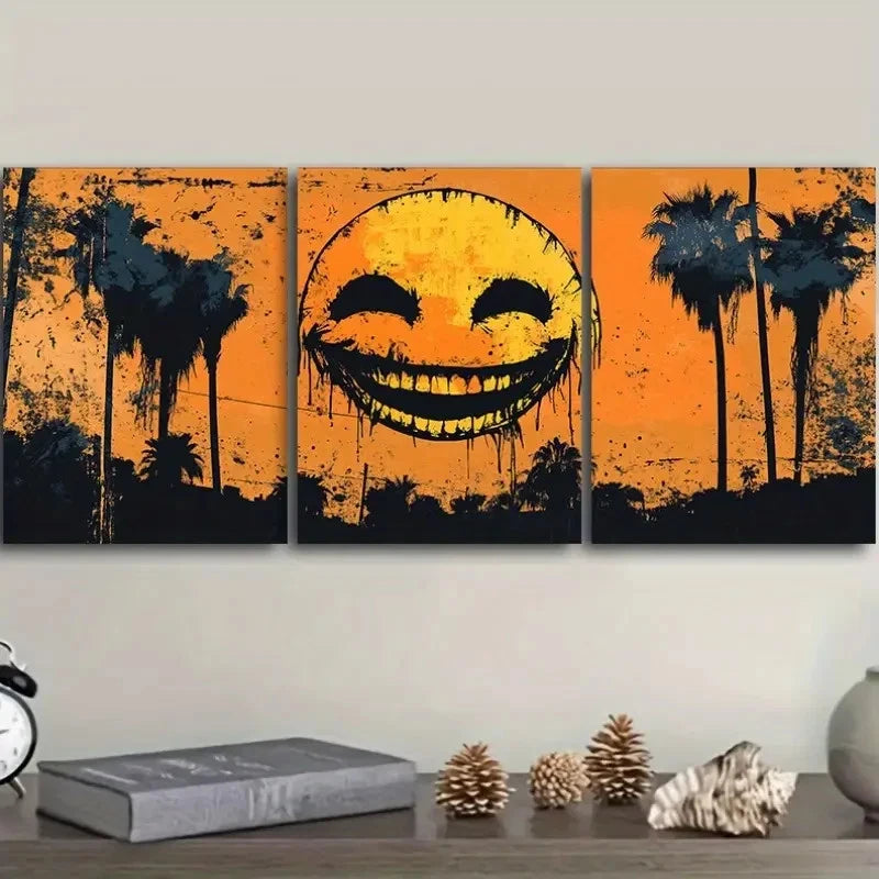 3pcs Smiling Face Yellow Sun in the Sky Metal Print Ready to Hang Art
