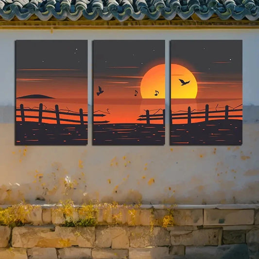 3pcs Nature-Inspired Landscape with Birds Sunset Metal Print Ready to Hang Art