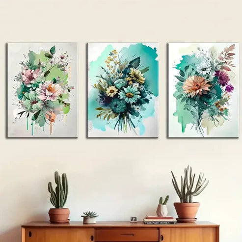 3pcs watercolor wild flowers, fashionable floral Wall Art Canvas Unframed - High Quality Print 100% Australian Made Wall Canvas