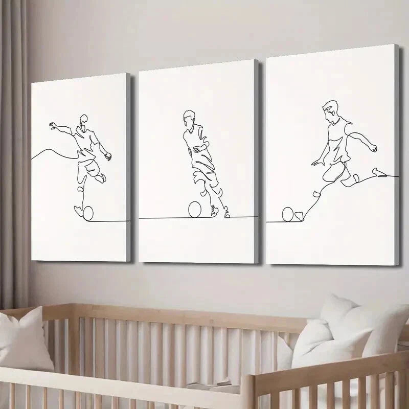 3pcs Soccer Player Minimalist Line Decor Wall Art Set Canvas Framed 50x70cm - High Quality Print 100% Australian Made Wall Canvas Ready to Hang