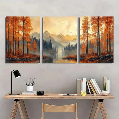 3pcs Vintage Autumn Mountain Landscape Scene Metal Print Ready to Hang Art