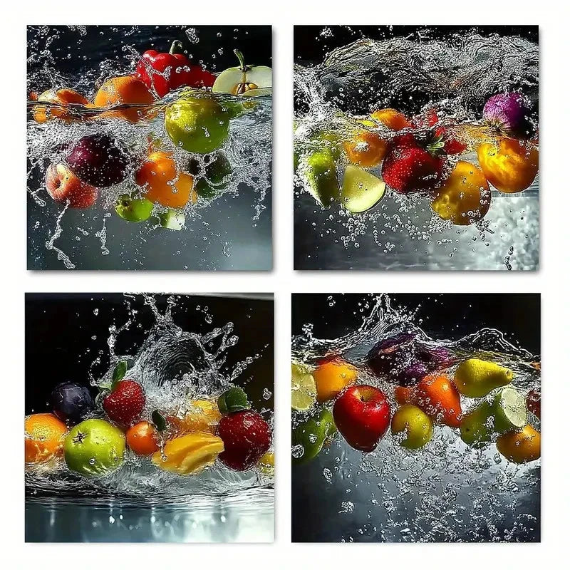 4pcs Fresh Fruits And Vegetables Wall Art Canvas Framed