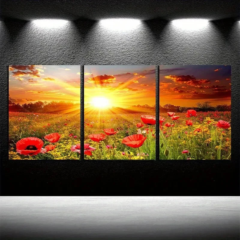 3pcs Charming Cloudy Sky & Flower Fields Metal Print Ready to Hang Art