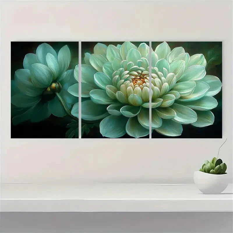 3pcs Green Chrysanthemum Painting Print Metal Print Ready to Hang Art