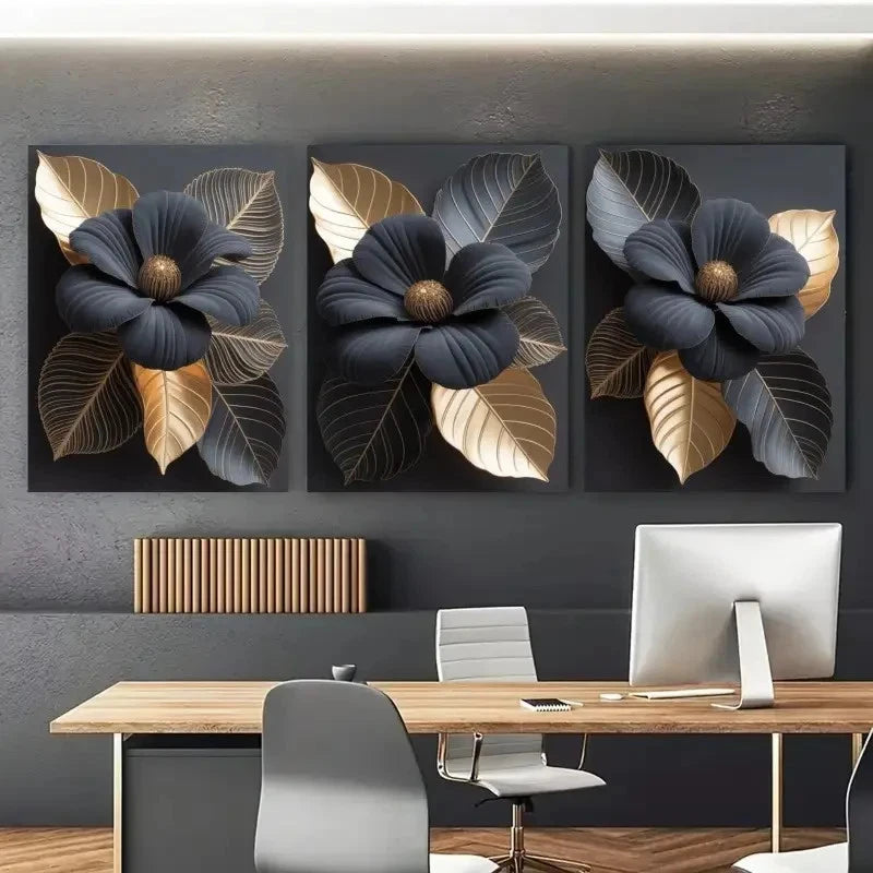 3pcs Golden Leaves and Dark Flowers Metal Print Ready to Hang Art