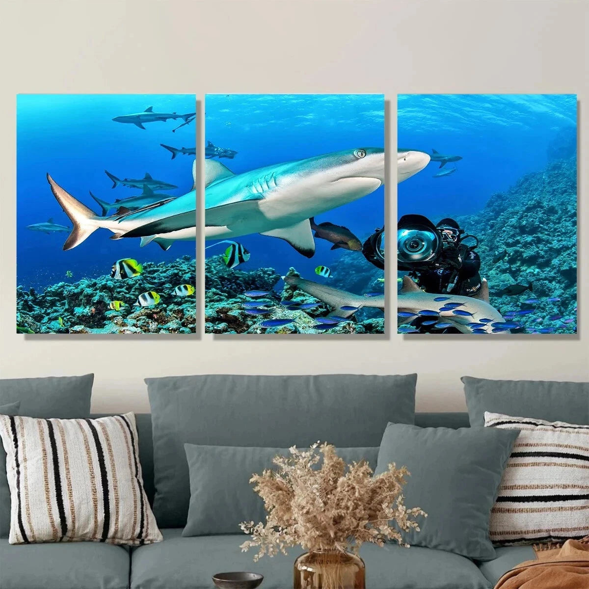 3pcs Vibrant Underwater Adventure with Sharks Metal Print Ready to Hang Art