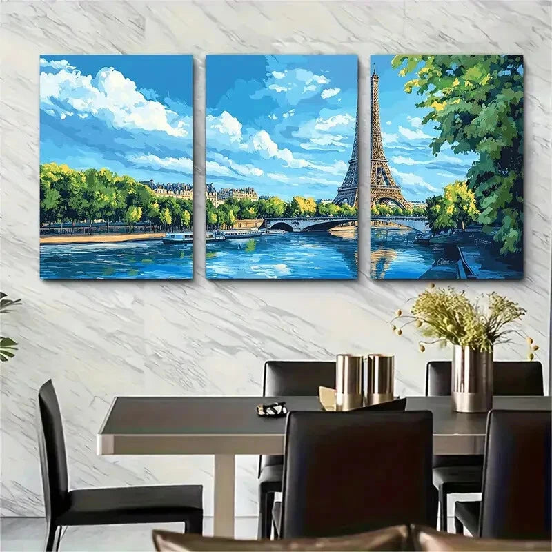 3pcs French Landmark Illustration Blue Sky & River Metal Print Ready to Hang Art