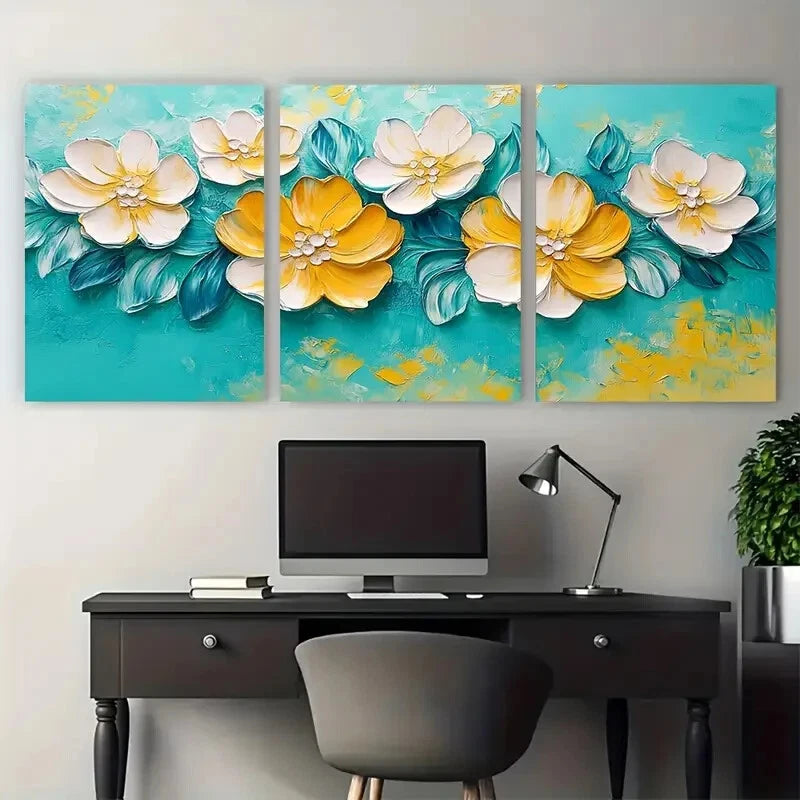 3pcs Spring Abstract Textured Turquoise and Yellow Metal Print Ready to Hang Art