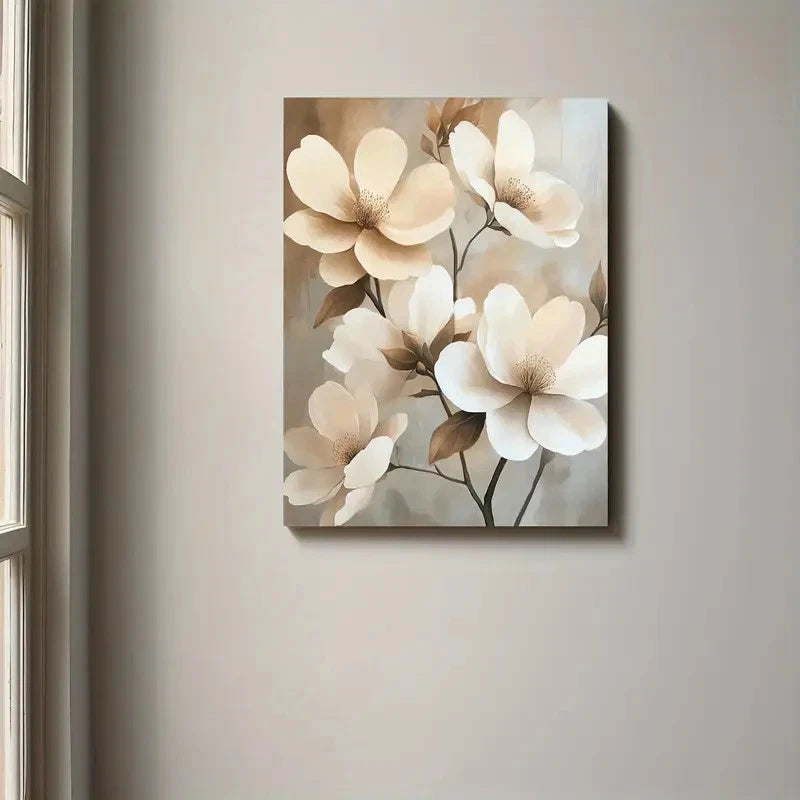 Floral painting on a wall next to a window