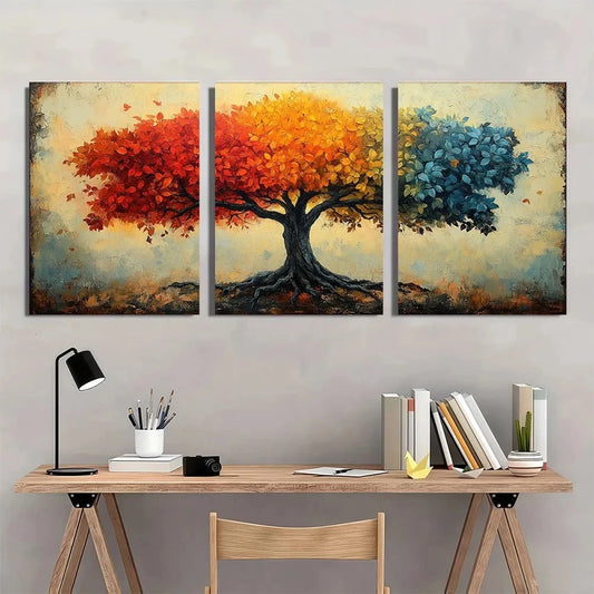 3pcs Rustic Tree Vibrant Autumn Foliage Wall Art Set Canvas Framed 50x70cm - High Quality Print 100% Australian Made Wall Canvas Ready to Hang