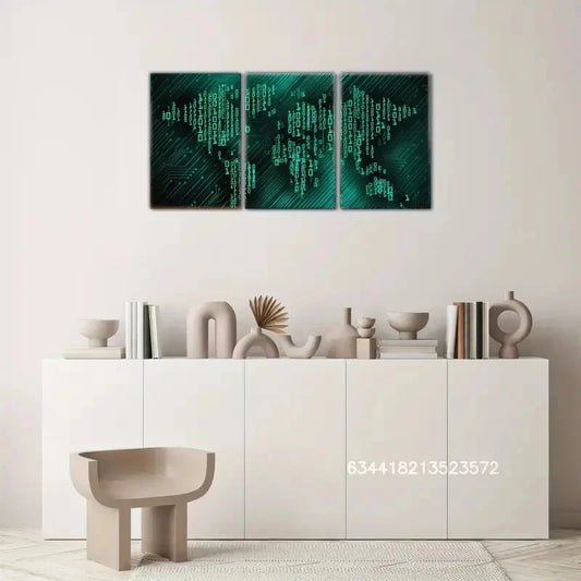 3pcs Binary Code World Map Wall Decoration Metal Print Ready to Hang Art