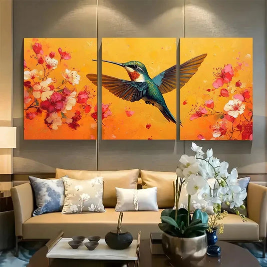 3pcs Vibrant Tropical Hummingbird & Florals Design Metal Print Ready to Hang Art