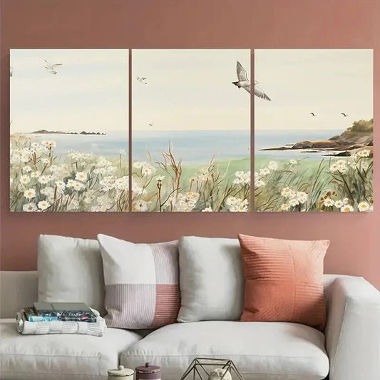 3pcs Neutral Tones Daisy Field at the Sea Coast Metal Print Ready to Hang Art