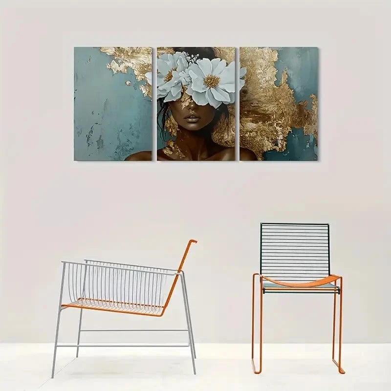 3pcs Modern Golden & Teal Floral Design Metal Print Ready to Hang Art