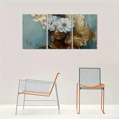 3pcs Modern Golden & Teal Floral Design Metal Print Ready to Hang Art