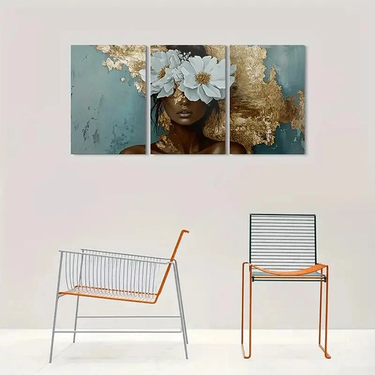 3pcs Modern Golden & Teal Floral Design Metal Print Ready to Hang Art