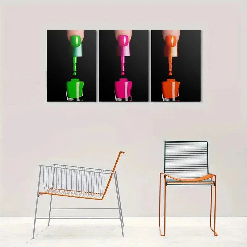 3pcs Modern Nail Polish Neon Green Pink Orange Metal Print Ready to Hang Art