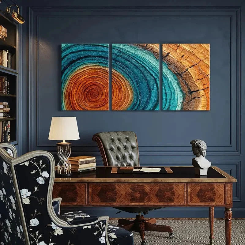 3pcs Teal Orange Brown Layers Textured Wooden Metal Print Ready to Hang Art