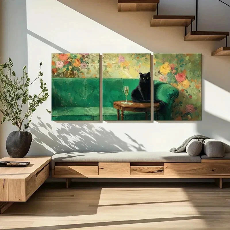 3pcs Elegant Black Cat Green Sofa Floral Metal Print Ready to Hang Art