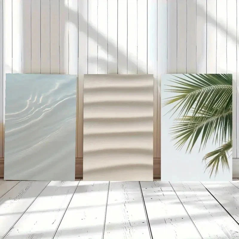 3pcs Water Reflection Sand Texture Palm Leaf Metal Print Ready to Hang Art