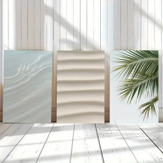 3pcs Water Reflection Sand Texture Palm Leaf Metal Print Ready to Hang Art