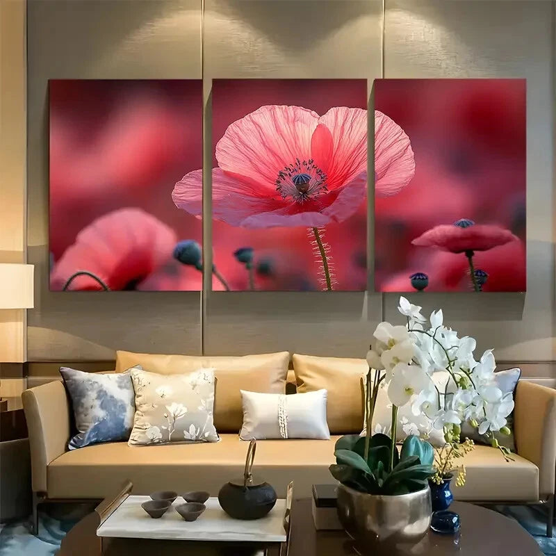 3pcs Red And Ivory Poppies Field Poppy Flower Metal Print Ready to Hang Art