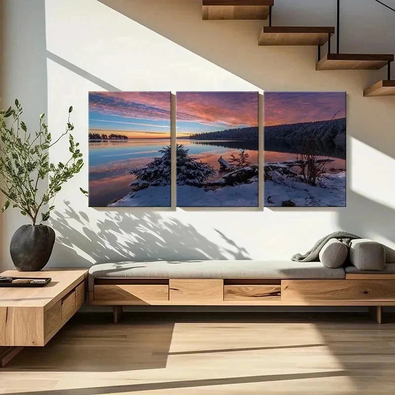 3pcs Forest Snow Scene Mountain Lake Wall Art Set Canvas Framed 40x60cm - High Quality Print 100% Australian Made Wall Canvas Ready to Hang