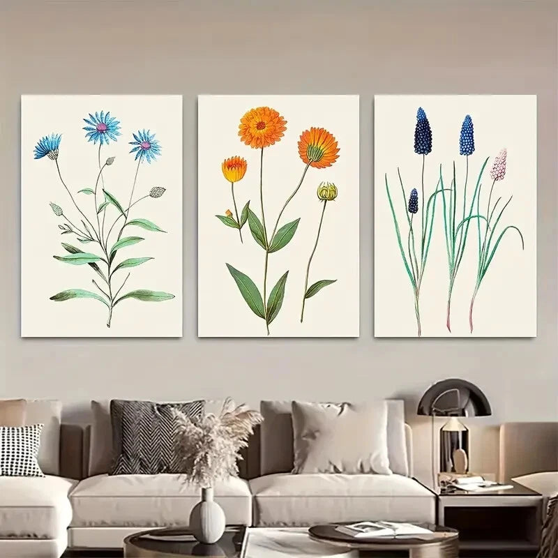 3pcs Vibrant Floral & Foliage Farmhouse Art Metal Print Ready to Hang Art