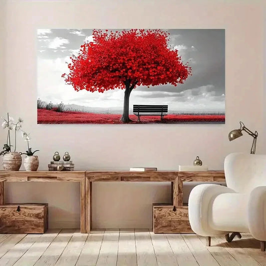 Vibrant Red Tree and Bench wall canvas office home room framed 120x60cm
