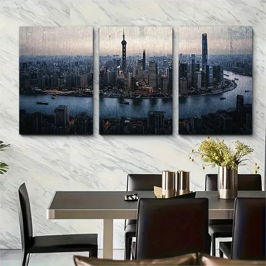 3pcs Shanghai Cityscape Urban Metal Print Ready to Hang Art