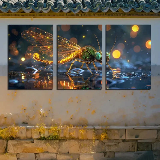 3pcs Vibrant Firefly Moonlight Design Metal Print Ready to Hang Art