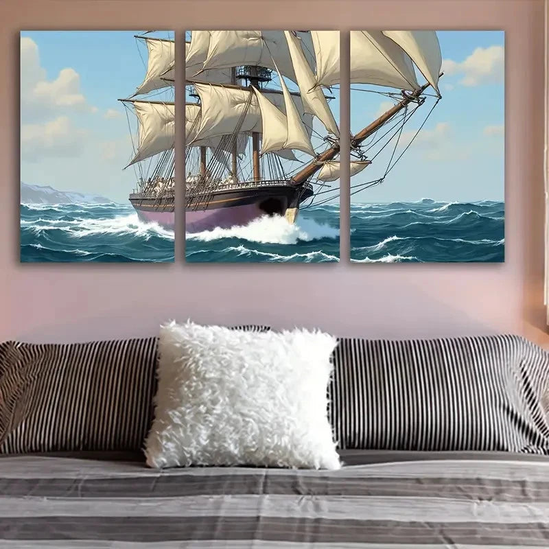 3pcs Tall Ship Artwork Wall Art Set Canvas Framed 60x90cm - High Quality Print 100% Australian Made Wall Canvas Ready to Hang