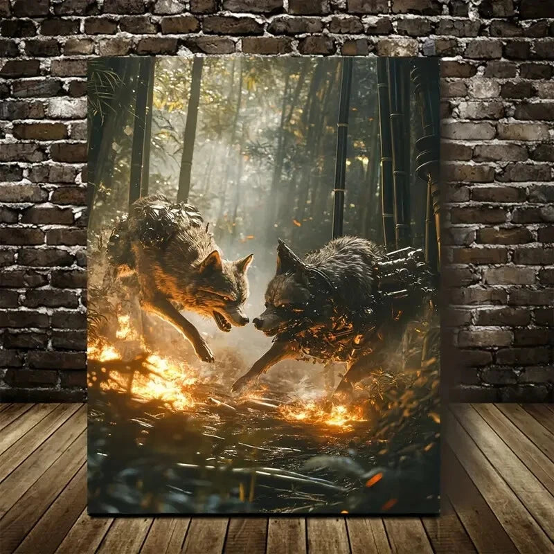 Beautiful Steampunk Wolf Chase Painting 40x60cm Metal Print Ready to Hang