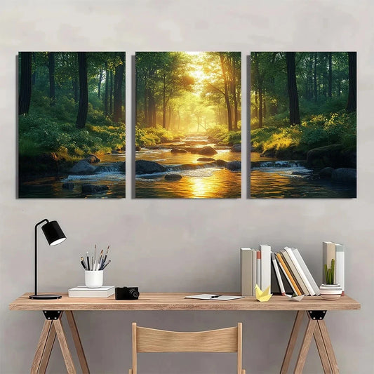 3pcs Forest Stream Vibrant Natural Scene Metal Print Ready to Hang Art