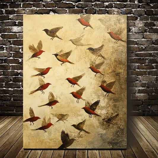 Beautiful Featuring Red & Black Birds Painting  40x60cm Metal Print Ready to Hang