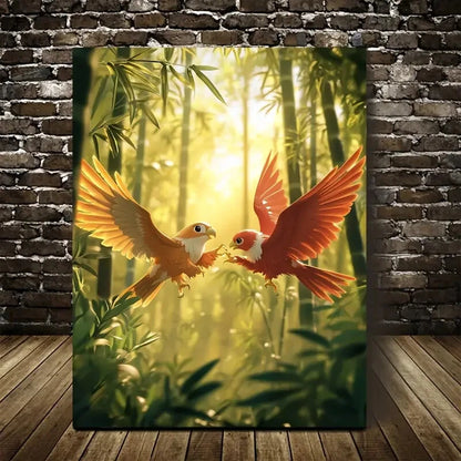 Cartoon Hawk Wrestling Scene in Bamboo Painting 40x60cm Metal Print Ready to Hang