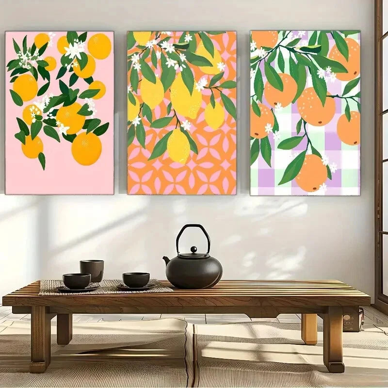 3pcs Lemon & Floral Bohemian Style Botanical Art Metal Print Ready to Hang Art
