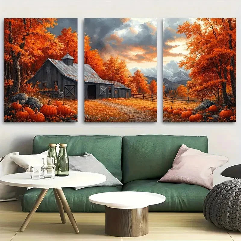 3pcs Picturesque Autumn Barn Harvest Scene Metal Print Ready to Hang Art