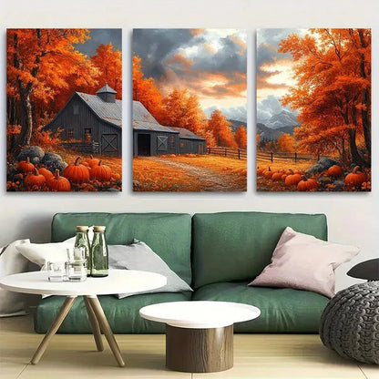 3pcs Picturesque Autumn Barn Harvest Scene Metal Print Ready to Hang Art