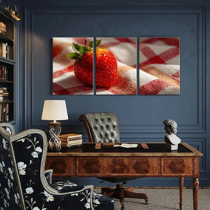 3pcs Fresh Strawberry On Checkered Cloth Metal Print Ready to Hang Art
