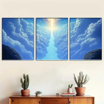 3pcs Clouds and Light'S Heavenly Path Metal Print Ready to Hang Art